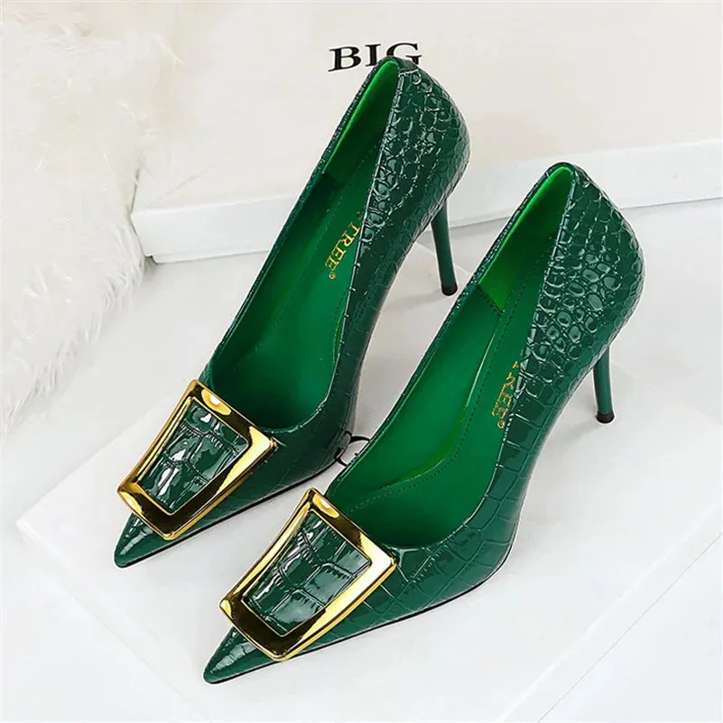 10cm Pointed Toe High Heel Pumps with Metal Buckle