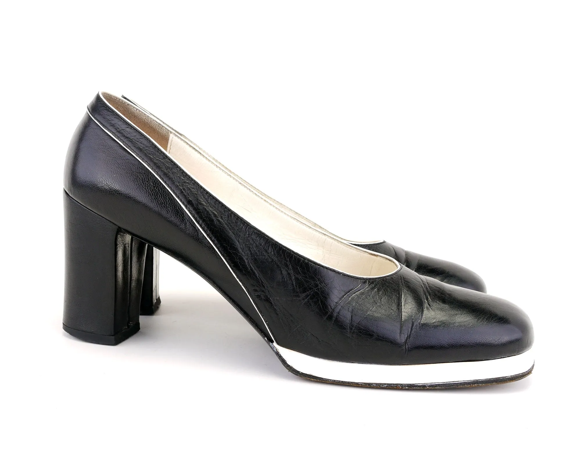 1970s Black & White Platform Pumps by Bellesco UK 6