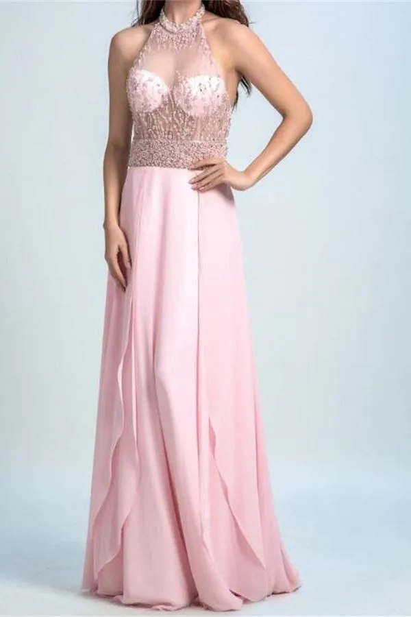A Line Halter Floor Length Chiffon Rhinestone Long Pink Prom Dresses OHC523