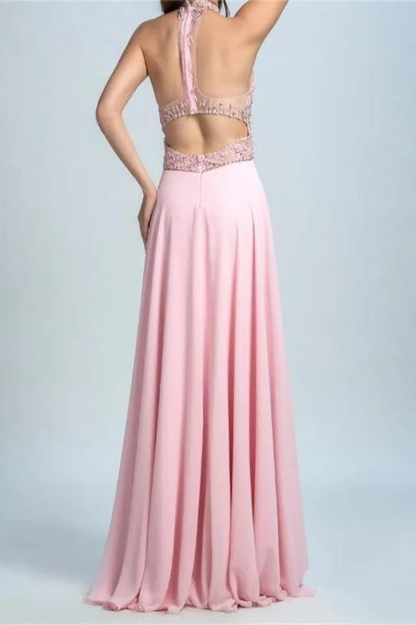 A Line Halter Floor Length Chiffon Rhinestone Long Pink Prom Dresses OHC523
