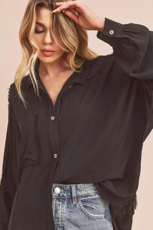 Aemi   Co Raw Edge Exposed Seam Collared Neck Long Sleeve Shirt