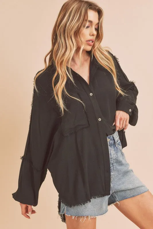 Aemi   Co Raw Edge Exposed Seam Collared Neck Long Sleeve Shirt
