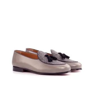 Ambrogio Bespoke Men's Shoes Black & Gray Fabric / Suede / Calf-Skin Leather Belgian Loafers (AMB2564)