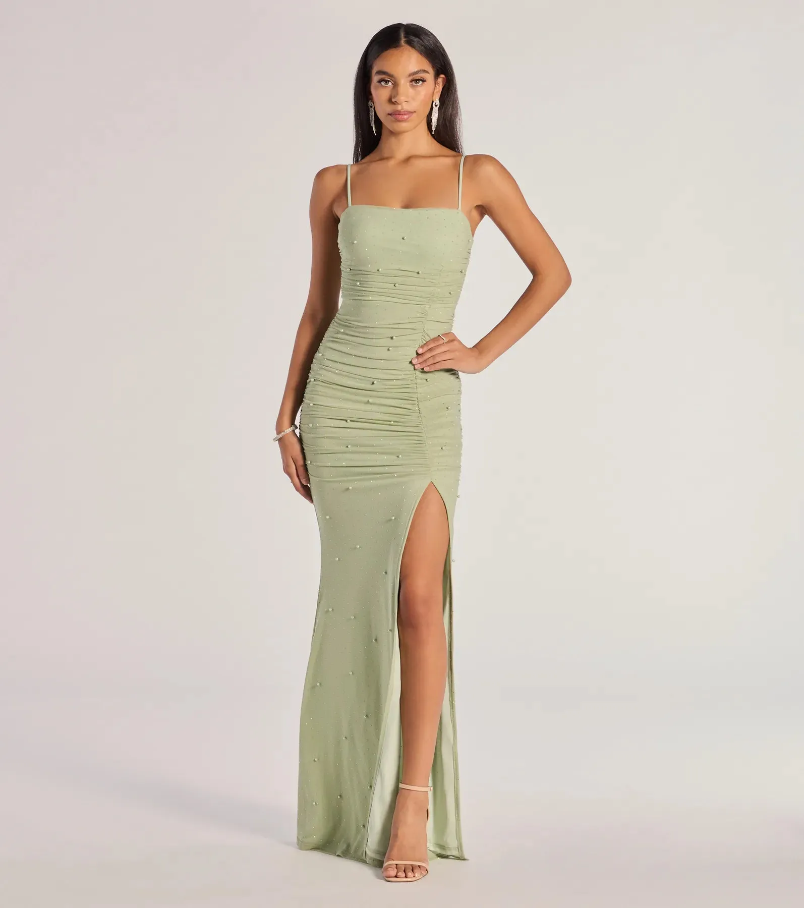 Annika Pearl And Rhinestone Ruched Mesh Mermaid Dress