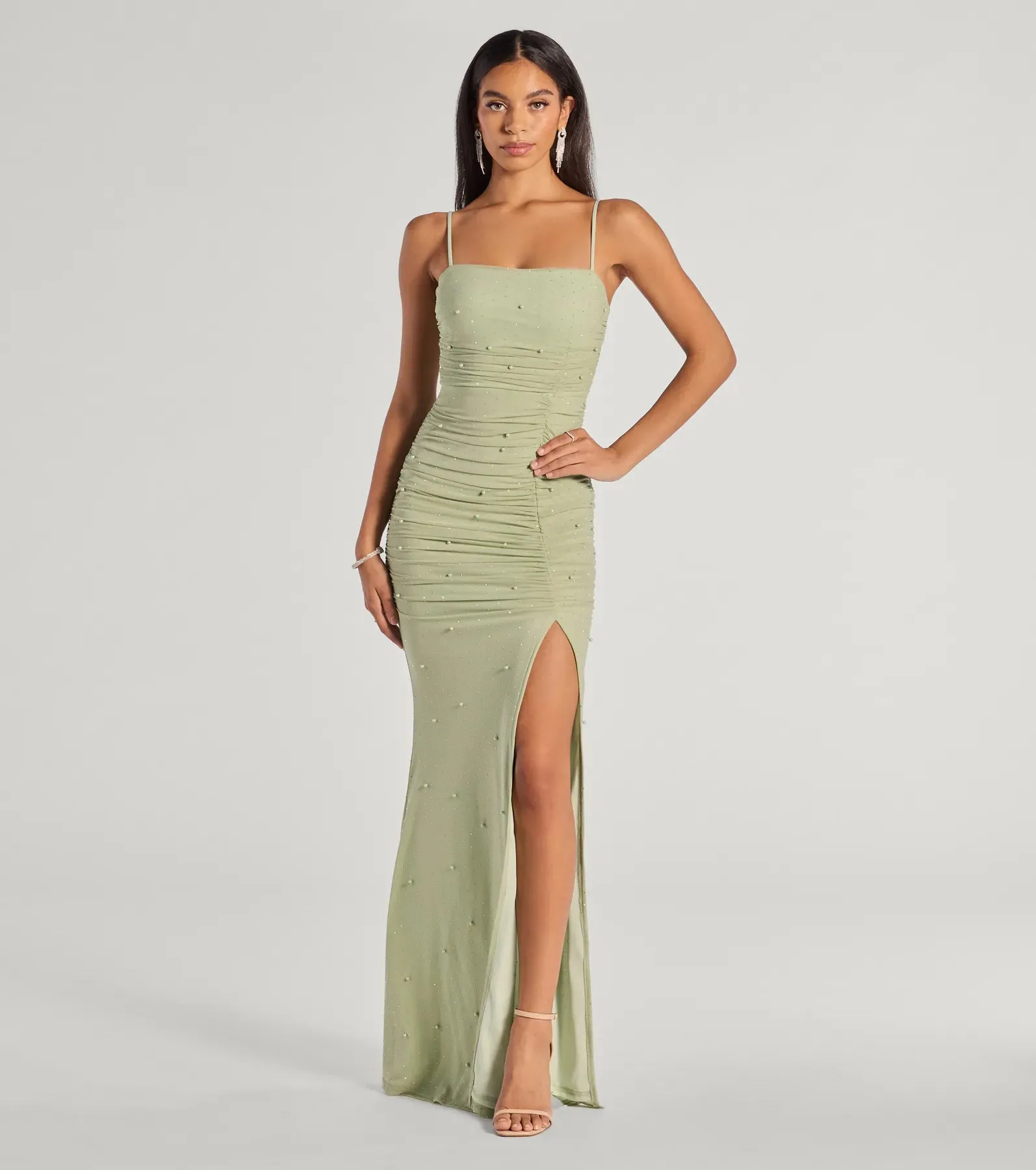 Annika Pearl And Rhinestone Ruched Mesh Mermaid Dress