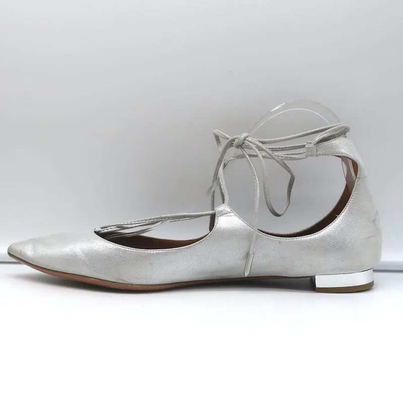 Aquazzura Christy Lace-Up Pointed Toe Flats Silver Metallic Suede Size 40