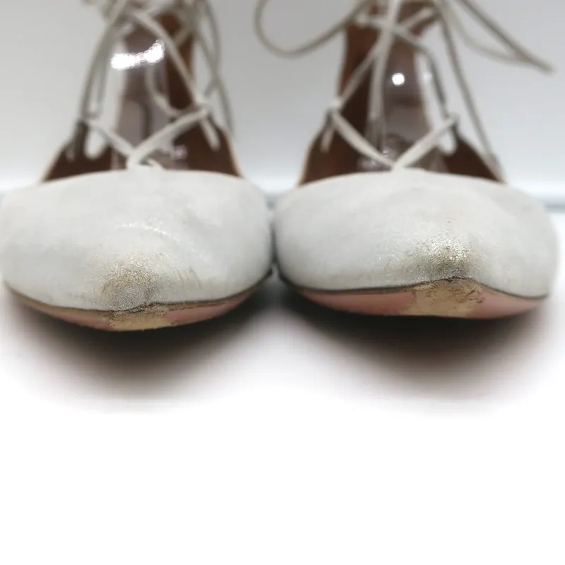 Aquazzura Christy Lace-Up Pointed Toe Flats Silver Metallic Suede Size 40