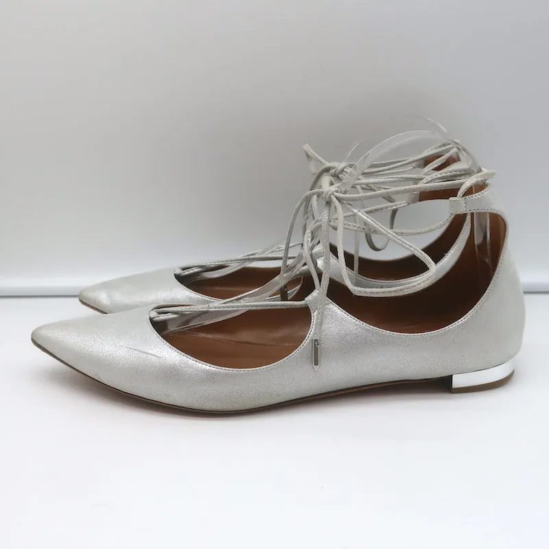 Aquazzura Christy Lace-Up Pointed Toe Flats Silver Metallic Suede Size 40