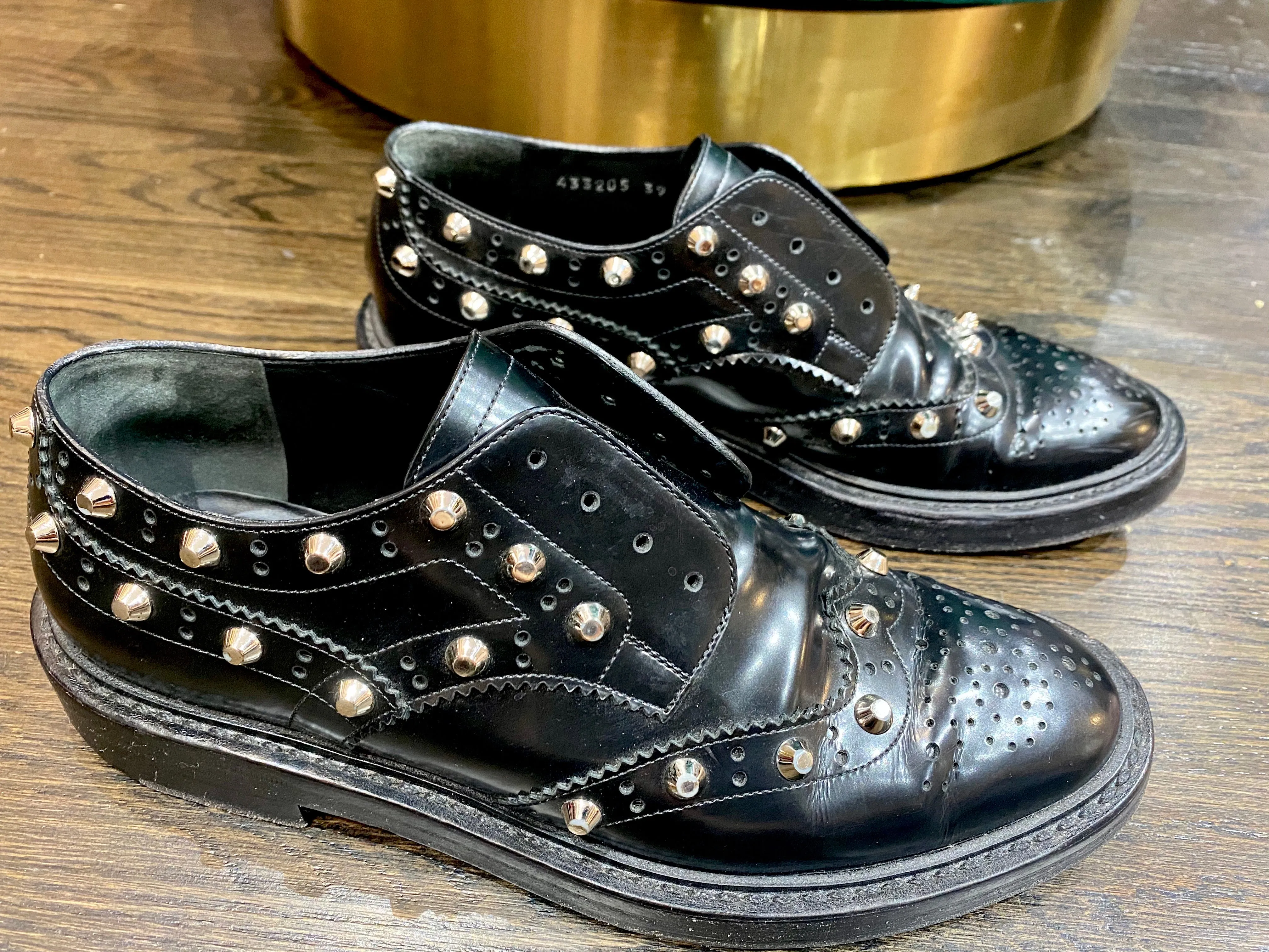 Balenciaga Black Leather Silver Studded Wingtips