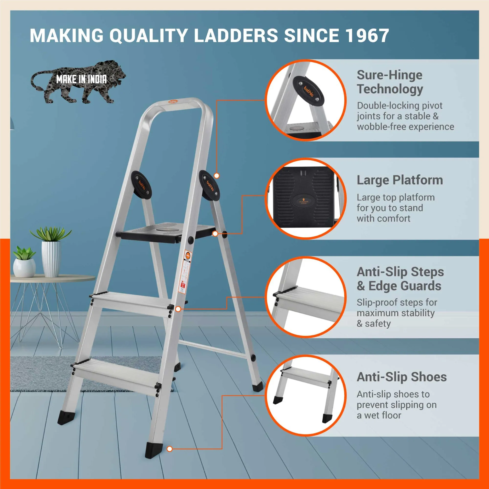 Bathla Advance Carbon - 3 Step Foldable Aluminium Ladder For Home (Black)