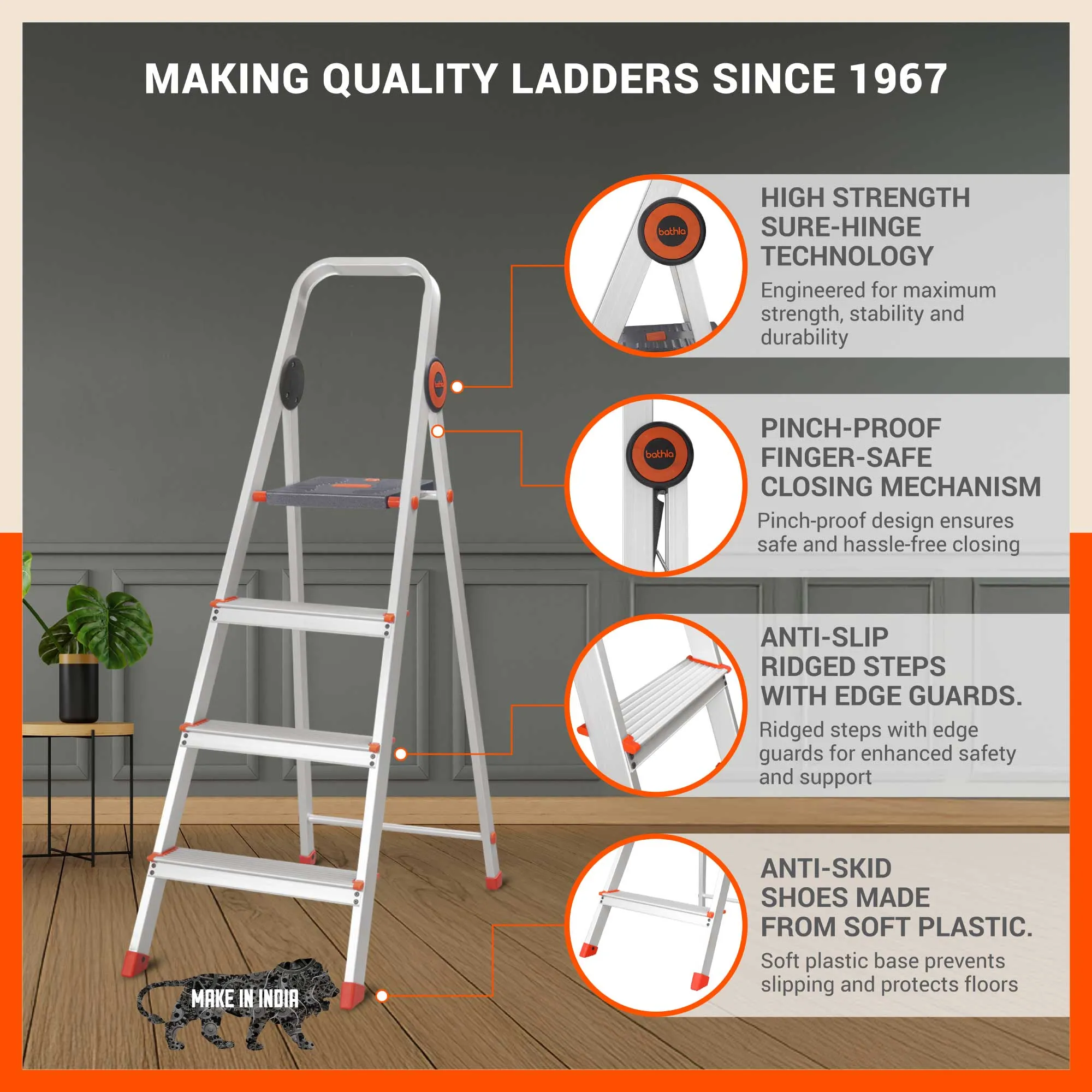Bathla Advance Pro 4-Step Foldable Aluminium Ladder for Home | Heavy Duty & Anti-Slip Steps | 7 Year Manufacturer Warranty