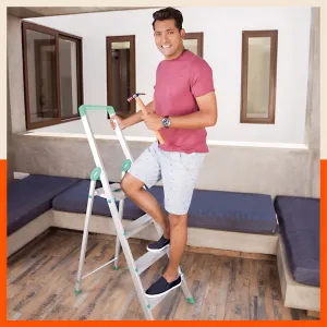 Bathla Prime 4 - Step Aluminium Ladder for Home with Multi Utility Support Handle - Teal