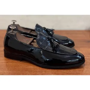 Black Patent Loafers Croco With Tassels