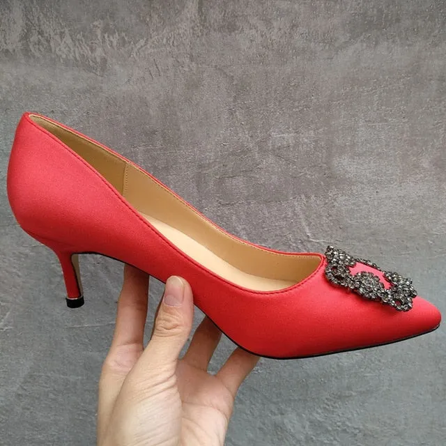 Black Rhinestones High Heels Shoes Woman Basic Pumps Satin Cloth Artificial Crystal Diamond Buckle Work Fashion Sexy Women Shoes
