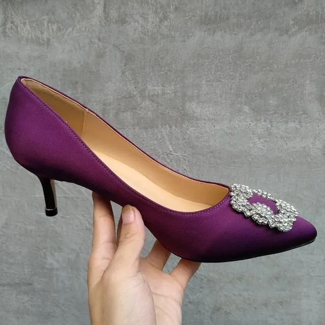 Black Rhinestones High Heels Shoes Woman Basic Pumps Satin Cloth Artificial Crystal Diamond Buckle Work Fashion Sexy Women Shoes