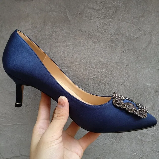 Black Rhinestones High Heels Shoes Woman Basic Pumps Satin Cloth Artificial Crystal Diamond Buckle Work Fashion Sexy Women Shoes