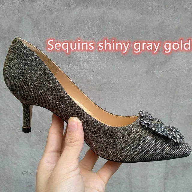 Black Rhinestones High Heels Shoes Woman Basic Pumps Satin Cloth Artificial Crystal Diamond Buckle Work Fashion Sexy Women Shoes