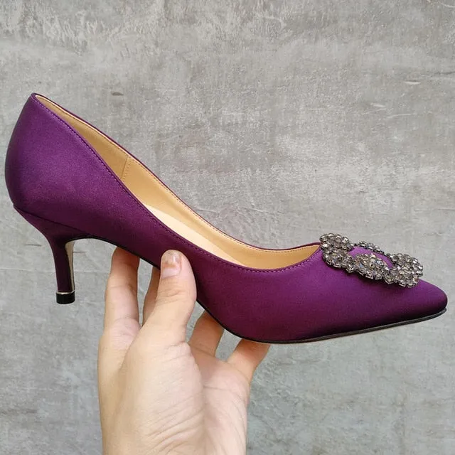 Black Rhinestones High Heels Shoes Woman Basic Pumps Satin Cloth Artificial Crystal Diamond Buckle Work Fashion Sexy Women Shoes