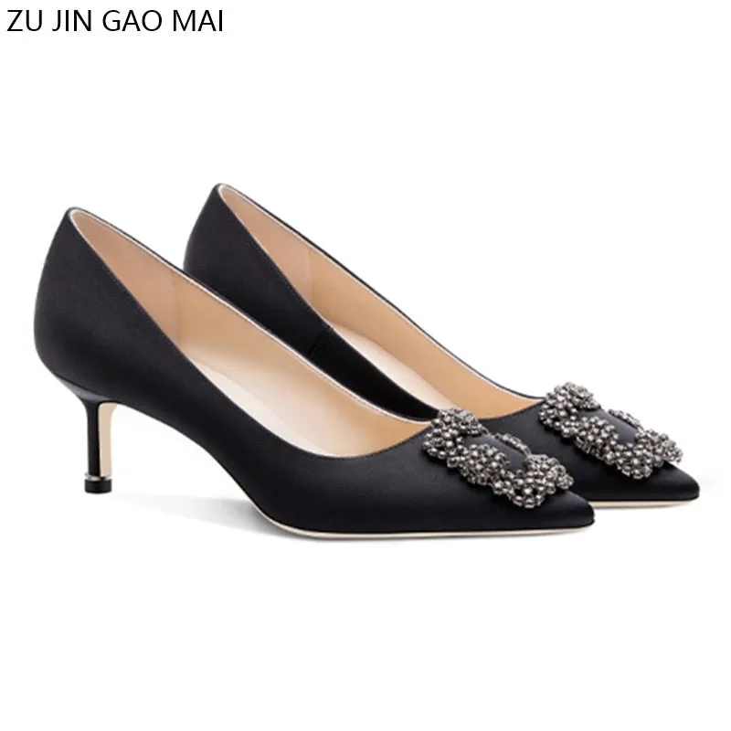 Black Rhinestones High Heels Shoes Woman Basic Pumps Satin Cloth Artificial Crystal Diamond Buckle Work Fashion Sexy Women Shoes