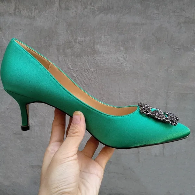 Black Rhinestones High Heels Shoes Woman Basic Pumps Satin Cloth Artificial Crystal Diamond Buckle Work Fashion Sexy Women Shoes