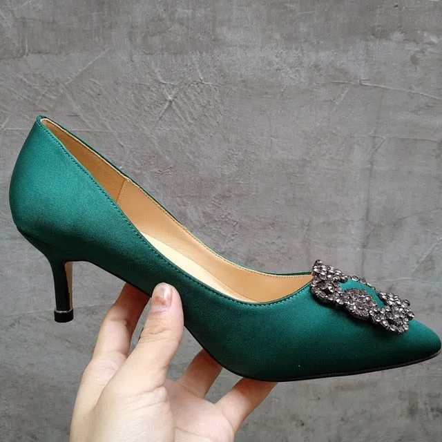 Black Rhinestones High Heels Shoes Woman Basic Pumps Satin Cloth Artificial Crystal Diamond Buckle Work Fashion Sexy Women Shoes