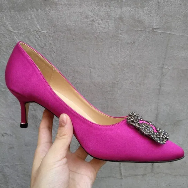Black Rhinestones High Heels Shoes Woman Basic Pumps Satin Cloth Artificial Crystal Diamond Buckle Work Fashion Sexy Women Shoes