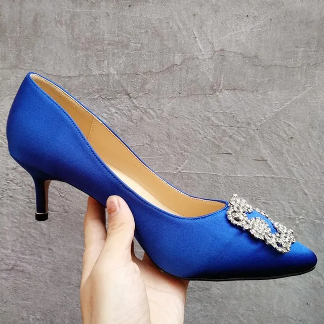 Black Rhinestones High Heels Shoes Woman Basic Pumps Satin Cloth Artificial Crystal Diamond Buckle Work Fashion Sexy Women Shoes