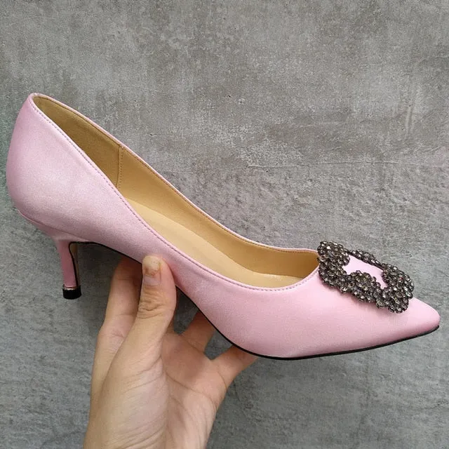 Black Rhinestones High Heels Shoes Woman Basic Pumps Satin Cloth Artificial Crystal Diamond Buckle Work Fashion Sexy Women Shoes