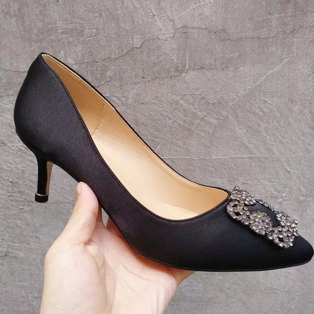Black Rhinestones High Heels Shoes Woman Basic Pumps Satin Cloth Artificial Crystal Diamond Buckle Work Fashion Sexy Women Shoes