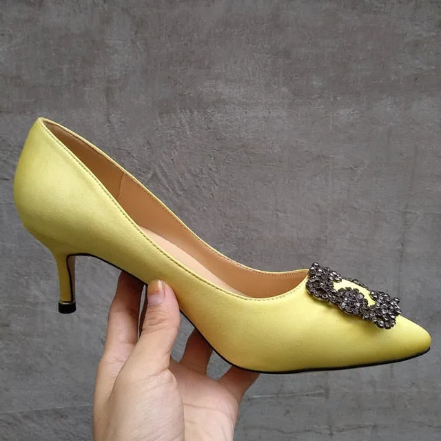 Black Rhinestones High Heels Shoes Woman Basic Pumps Satin Cloth Artificial Crystal Diamond Buckle Work Fashion Sexy Women Shoes