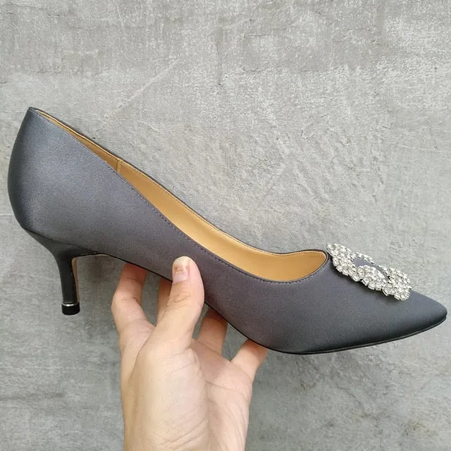 Black Rhinestones High Heels Shoes Woman Basic Pumps Satin Cloth Artificial Crystal Diamond Buckle Work Fashion Sexy Women Shoes