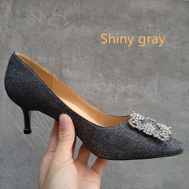 Black Rhinestones High Heels Shoes Woman Basic Pumps Satin Cloth Artificial Crystal Diamond Buckle Work Fashion Sexy Women Shoes