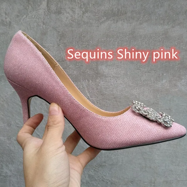 Black Rhinestones High Heels Shoes Woman Basic Pumps Satin Cloth Artificial Crystal Diamond Buckle Work Fashion Sexy Women Shoes