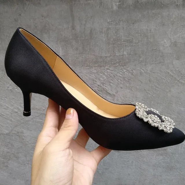 Black Rhinestones High Heels Shoes Woman Basic Pumps Satin Cloth Artificial Crystal Diamond Buckle Work Fashion Sexy Women Shoes