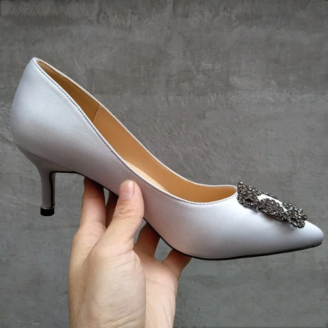 Black Rhinestones High Heels Shoes Woman Basic Pumps Satin Cloth Artificial Crystal Diamond Buckle Work Fashion Sexy Women Shoes