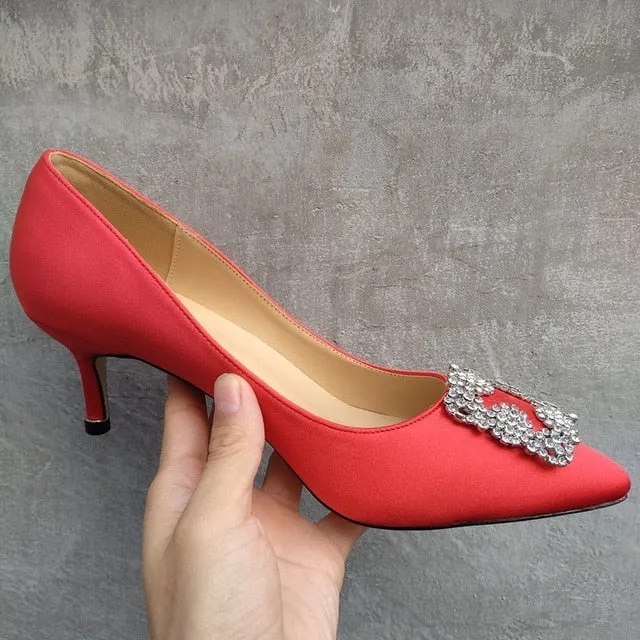 Black Rhinestones High Heels Shoes Woman Basic Pumps Satin Cloth Artificial Crystal Diamond Buckle Work Fashion Sexy Women Shoes