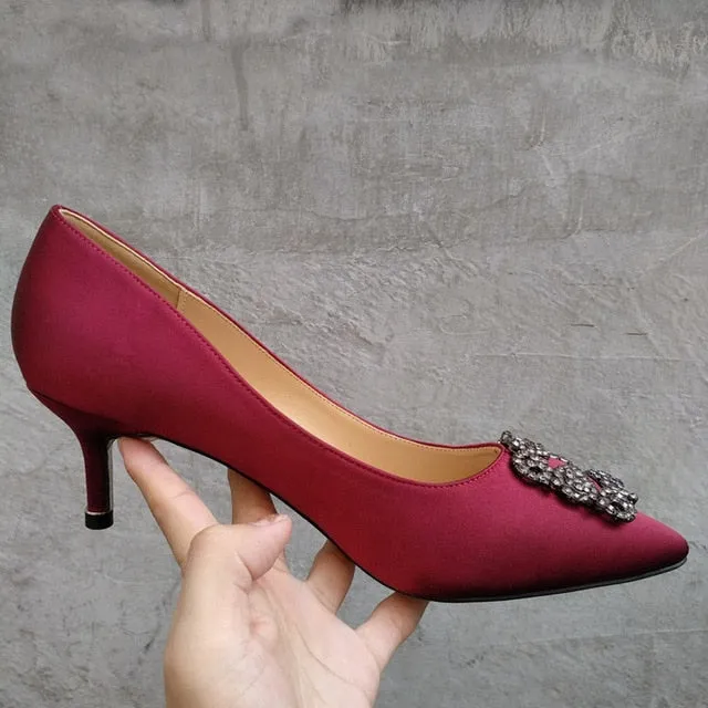 Black Rhinestones High Heels Shoes Woman Basic Pumps Satin Cloth Artificial Crystal Diamond Buckle Work Fashion Sexy Women Shoes