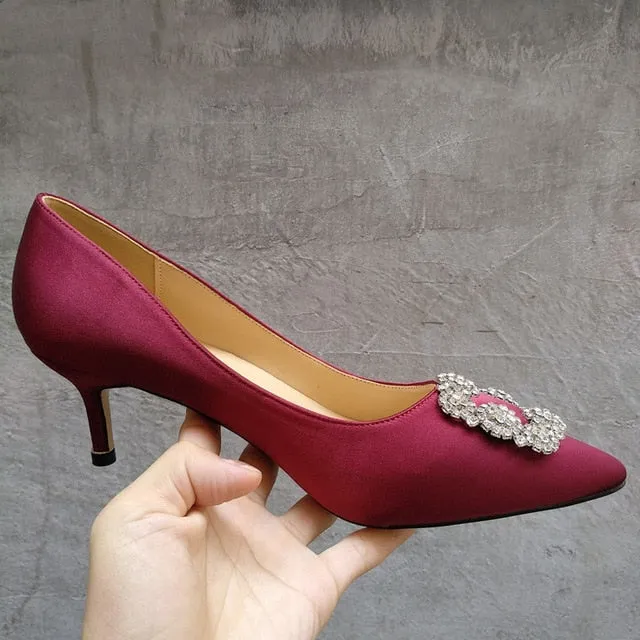 Black Rhinestones High Heels Shoes Woman Basic Pumps Satin Cloth Artificial Crystal Diamond Buckle Work Fashion Sexy Women Shoes