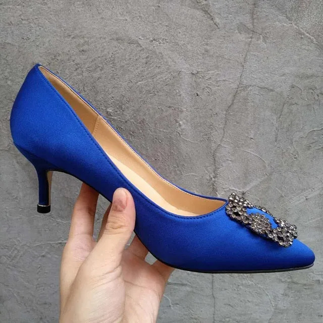 Black Rhinestones High Heels Shoes Woman Basic Pumps Satin Cloth Artificial Crystal Diamond Buckle Work Fashion Sexy Women Shoes