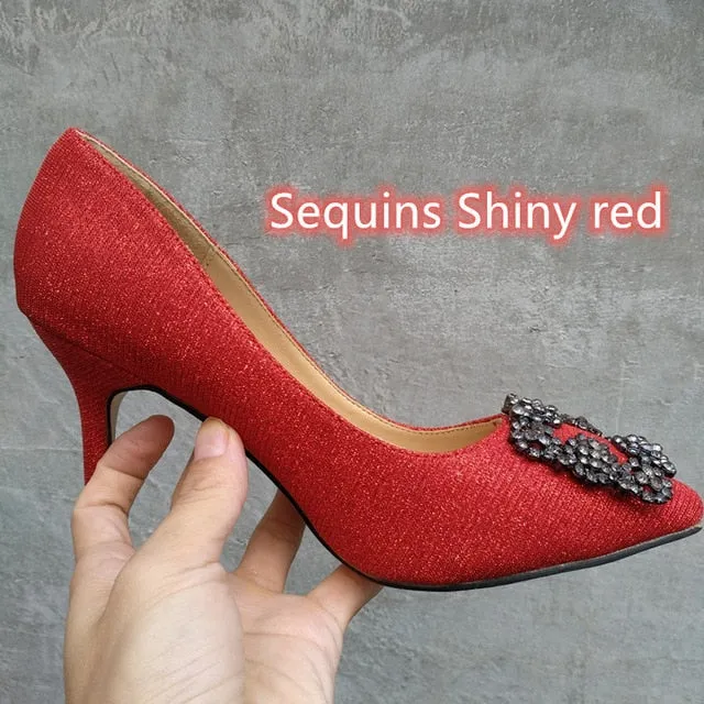 Black Rhinestones High Heels Shoes Woman Basic Pumps Satin Cloth Artificial Crystal Diamond Buckle Work Fashion Sexy Women Shoes