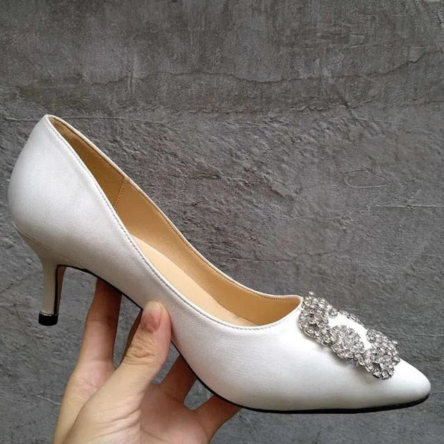 Black Rhinestones High Heels Shoes Woman Basic Pumps Satin Cloth Artificial Crystal Diamond Buckle Work Fashion Sexy Women Shoes