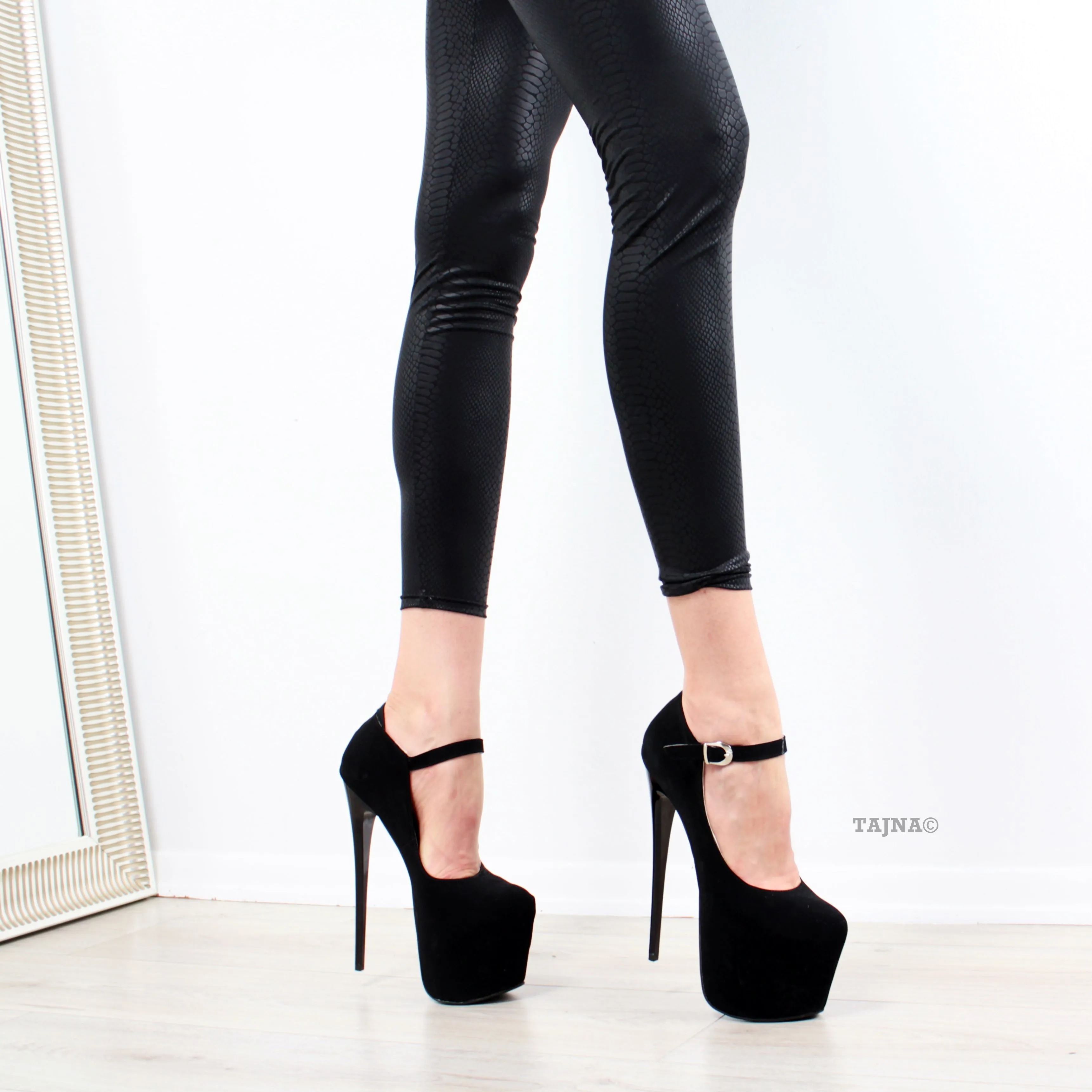Black Suede Strap Pencil Heels