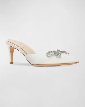 Black Suede Studio Crystal Bow Stiletto Mule Pumps
