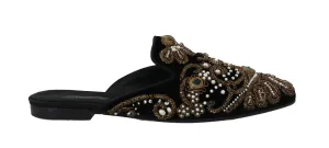 Black Velvet Crystal Slip On Mules