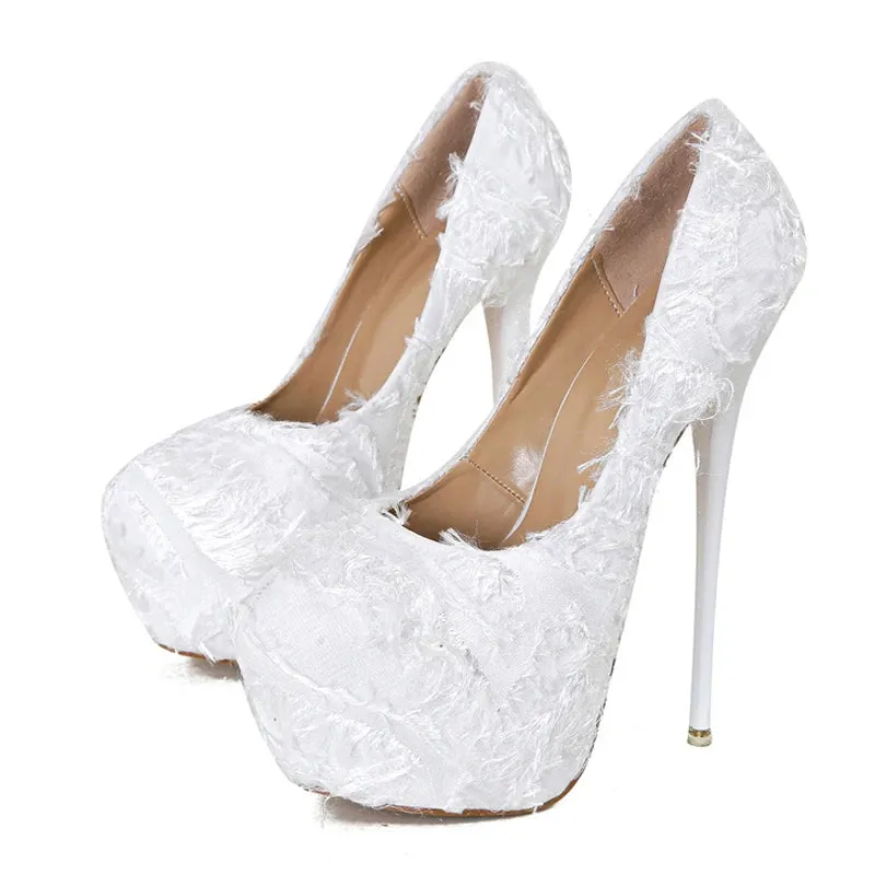 Black White Fluffy Feather Round Toe Strip Pole Dance Extreme High Heels