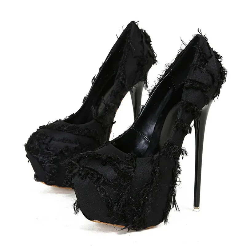 Black White Fluffy Feather Round Toe Strip Pole Dance Extreme High Heels