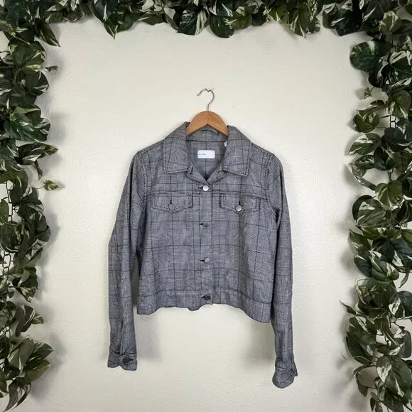 BLDWN Front Button Collard Wool Blend Jacket Plaid Grey Women’s Size M