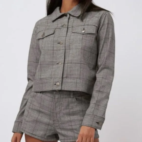 BLDWN Front Button Collard Wool Blend Jacket Plaid Grey Women’s Size M
