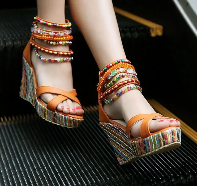 Bohemian Wedge Handmade Beaded Sandals Platform Shoes