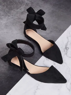 Bow Decor Point Toe Suede Flats  - Black - FD ⚡